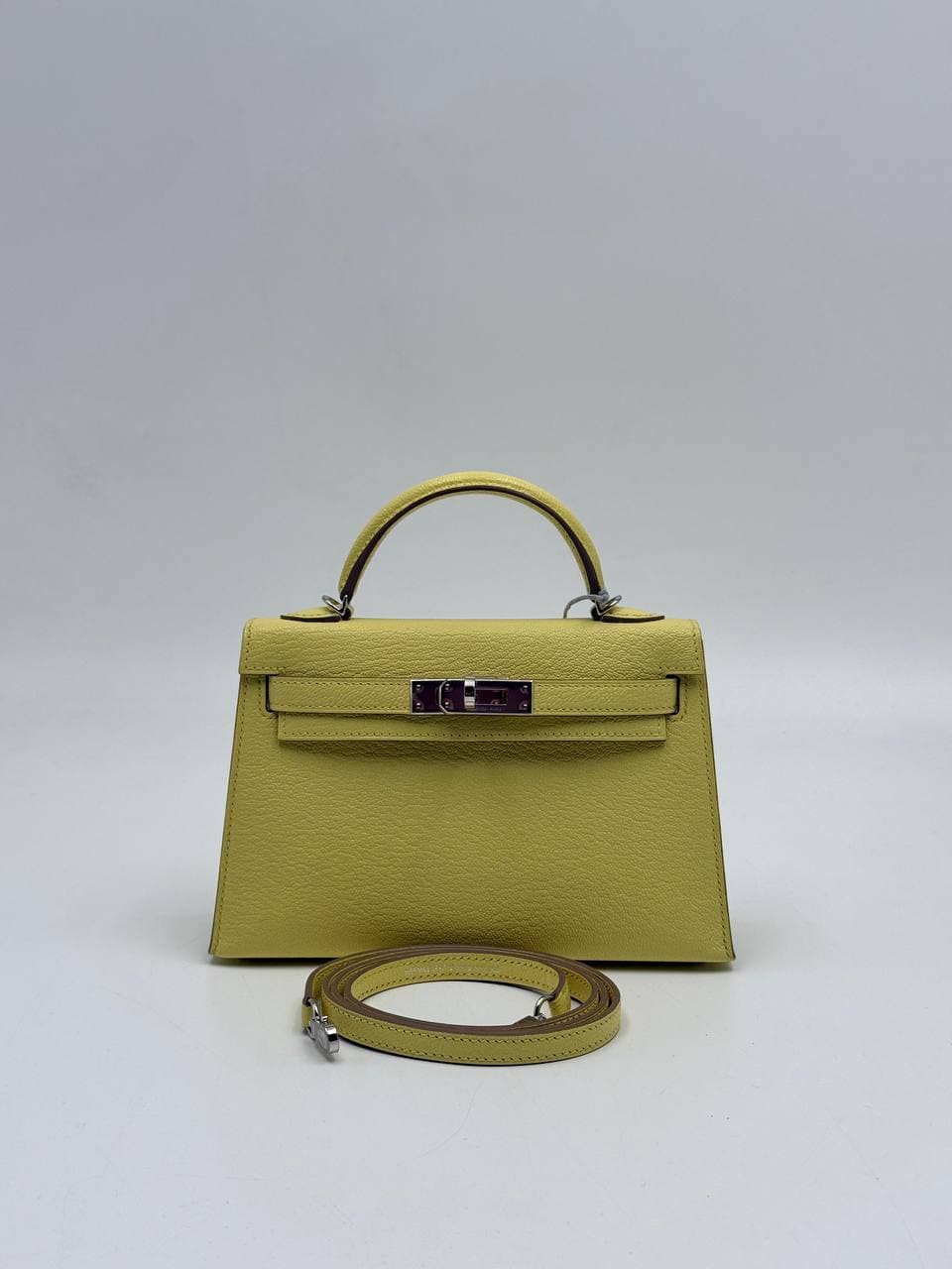 Hermès Kelly Mini II Limoncello Chèvre front with shoulder strap — 3