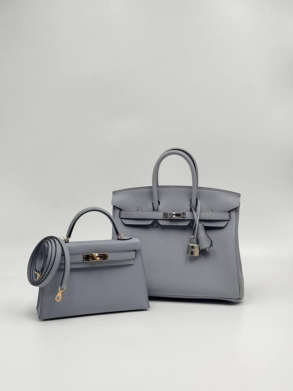 Hermès Kelly Mini II Gris Pantin Epsom front with permabrass hardware and strap