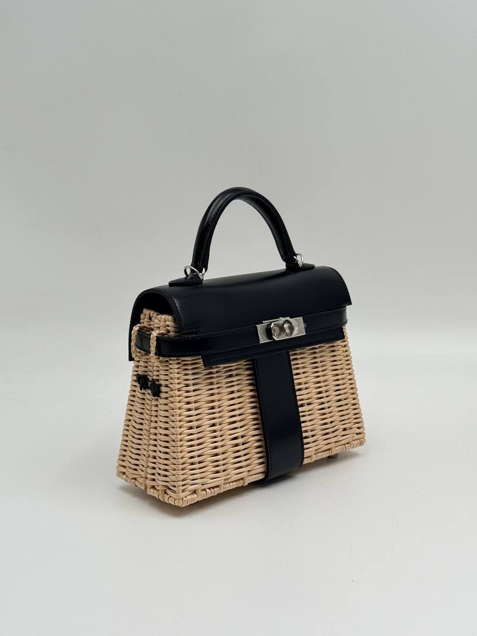 Hermès Mini Kelly Picnic Noir Box calf and osier wicker front with strap — 3