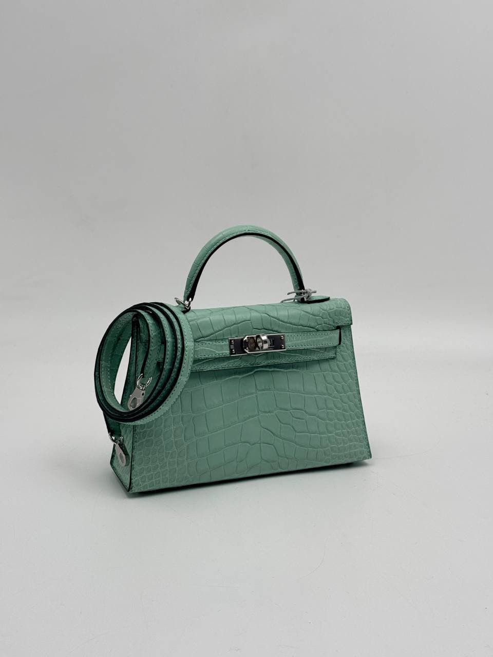 Hermès Kelly Mini II Vert d'Eau matte alligator with shoulder strap