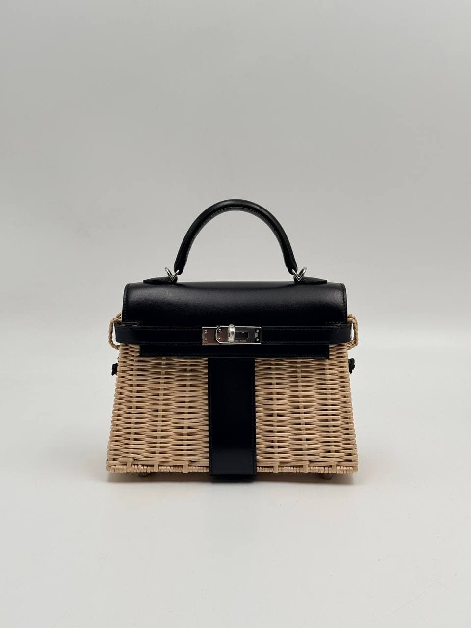 Hermès Mini Kelly Picnic Noir Box calf and osier wicker front with strap — 2