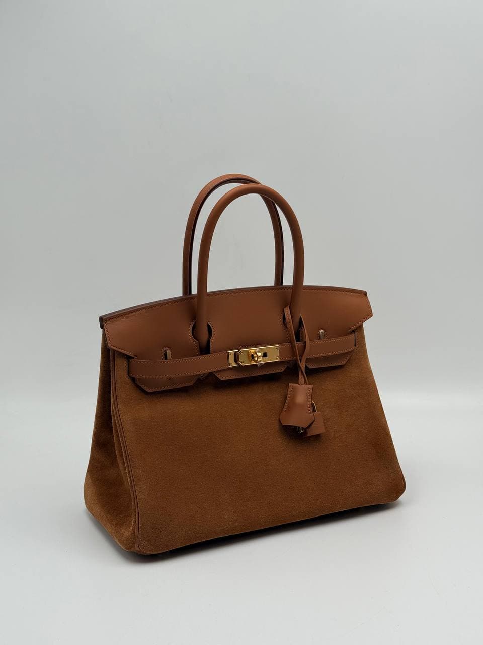 Hermès Birkin 30 Grizzly Chamois suede and Gold Swift front with gold hardware — 3