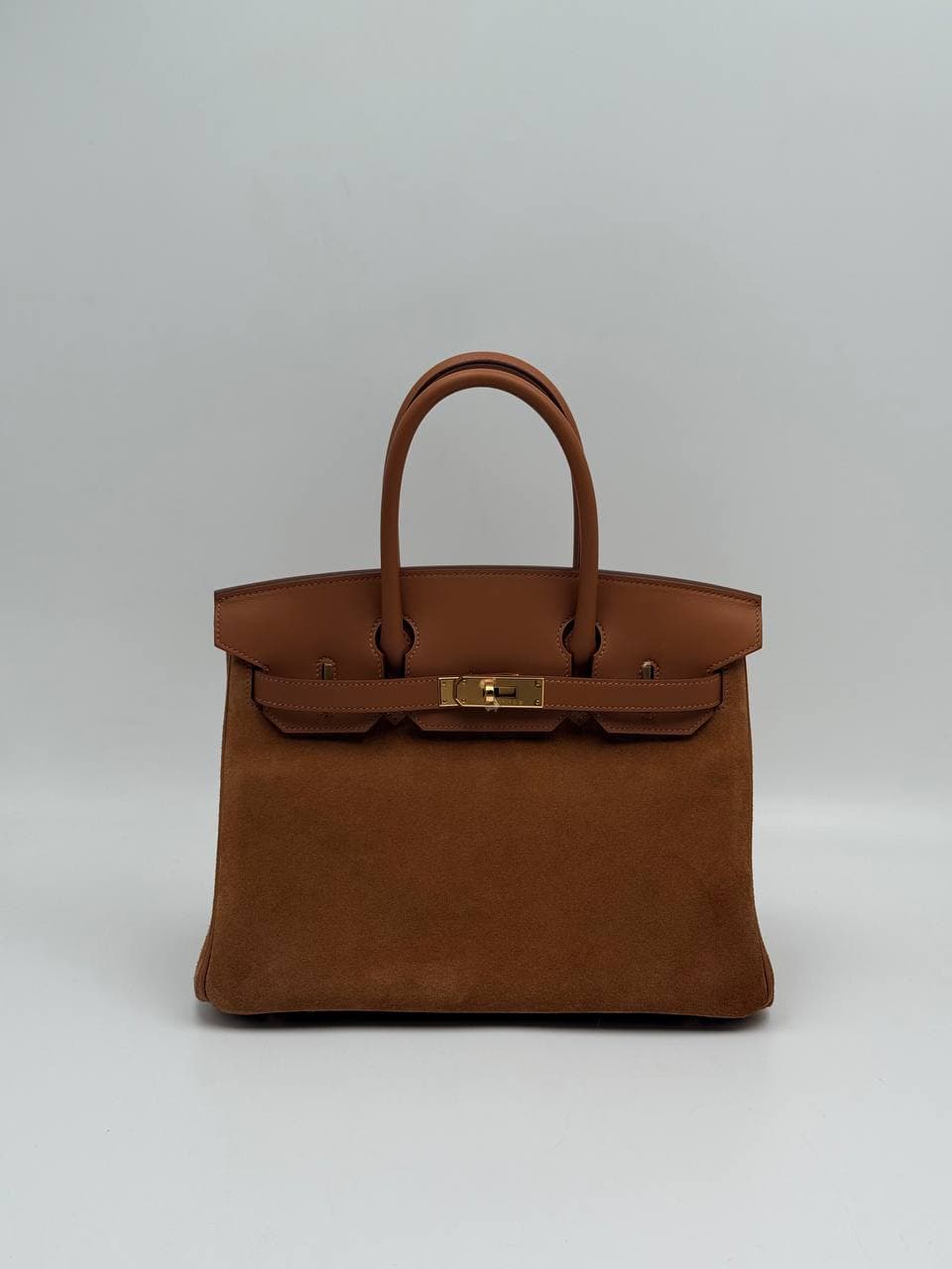 Hermès Birkin 30 Grizzly Chamois suede and Gold Swift front with gold hardware